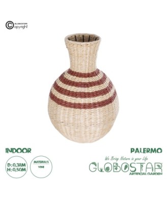 GloboStar® Artificial Garden PALERMO 21231 Διακοσμητικό Πλεκτό Καλάθι - Κασπώ Γλάστρα - Flower Pot Μπεζ με Μπορντό Φ38cm x Υ50cm